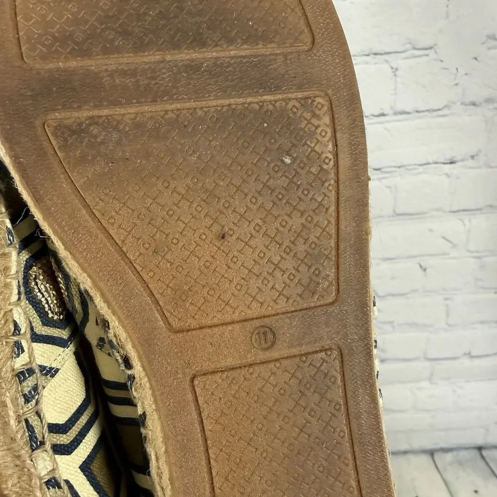 Tory Burch Espadrille Flats Size 11 Blue Gold Geometric Sequin Canvas Slip On